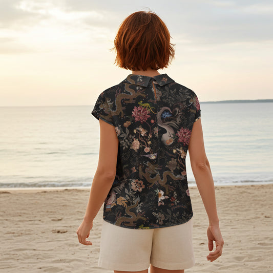 Women Casual Blouse Cap Sleeve Fold-Over Neck Button-Back 100% Lyocell Black Aloha Ink Charm Eastern Dream
