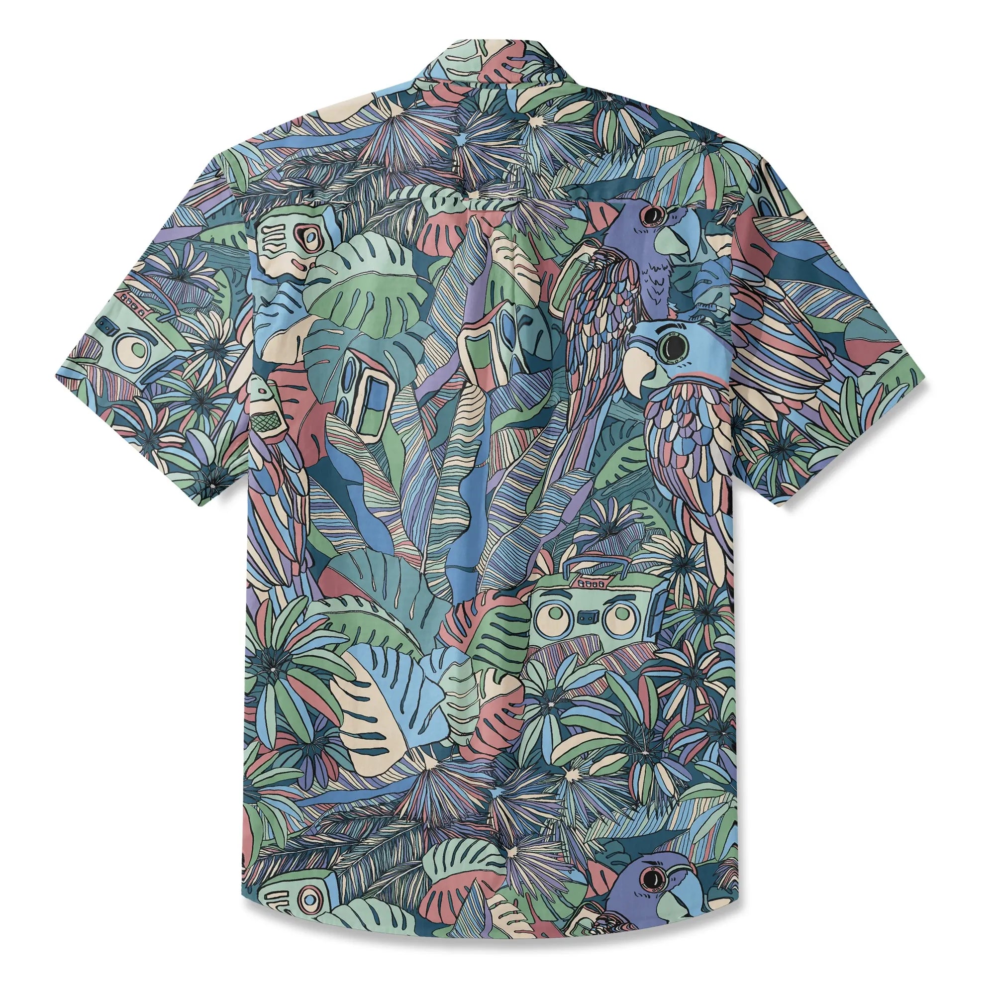 Men's art-inspired shirt with blue parrot pattern
