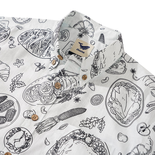 Men's Hawaiian Shirt Short Sleeve Button-down 100% Cotton White Aloha Harvest Sketch