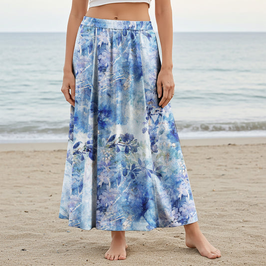 Women Casual Maxi Skirt Long Elastic Waist with Pockets 100% Cotton Blue Aloha Blue Dreams