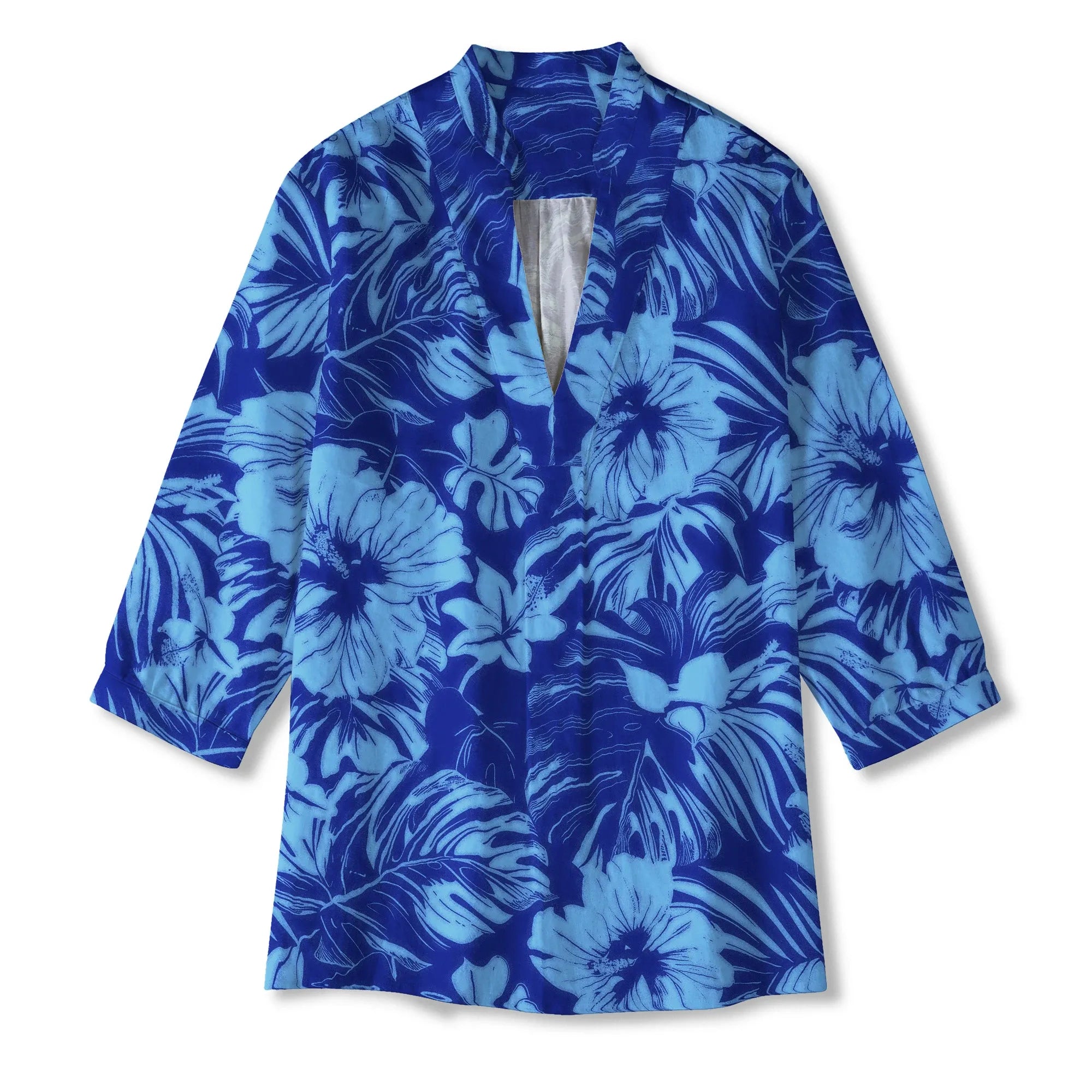 Hibiscus Flower Women's Blouse, Blue, Collar Detail