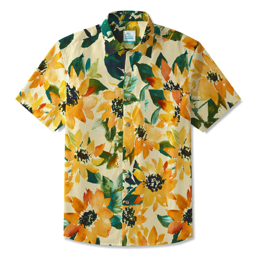 LeosWare® Men's Hawaiian Shirt Short Sleeve Button-up 100% Cotton Yellow Aloha Vintage White Base Yellow Flower