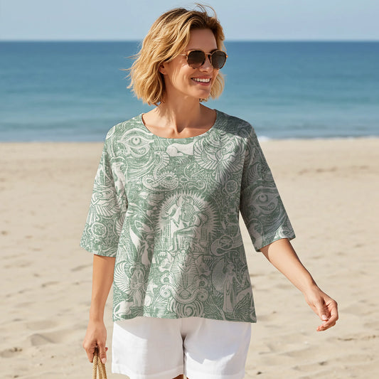 Women Casual Blouse 3/4 Sleeve Crew Neck 76% Lyocell, 24% Nylon Green Aloha Egyptian Myths