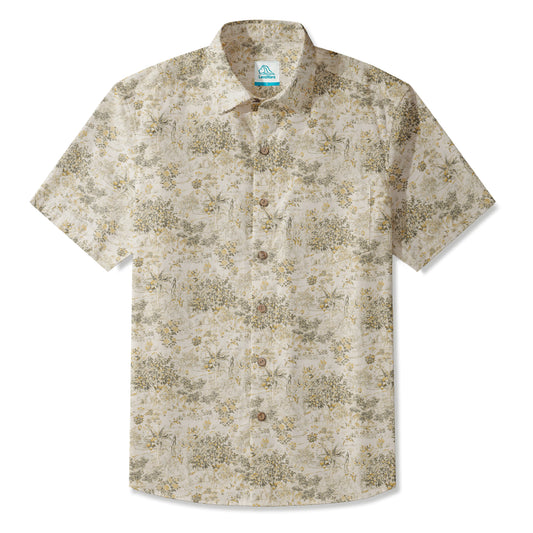 LeosWare® Men's Hawaiian Shirt Short Sleeve Button-up 100% Cotton Beige Aloha Rural Poetry Melody