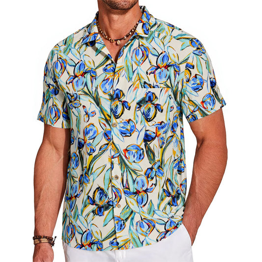LeosWare® Men's Hawaiian Shirt Short Sleeve Button-up 100% Cotton Blue Aloha Vibrant Blue Floral Art Painting