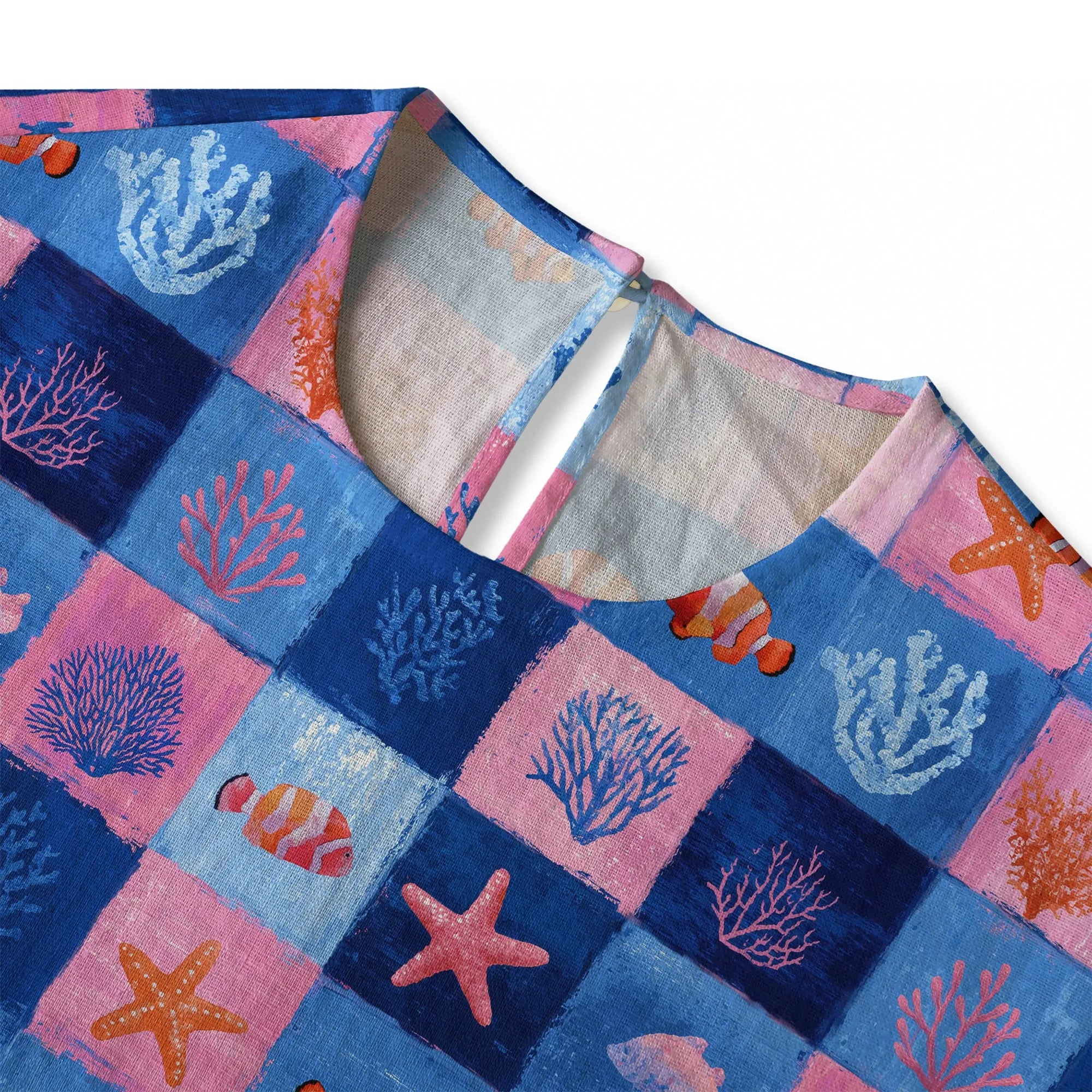 Women's blue plaid art blouse with coral and starfish design