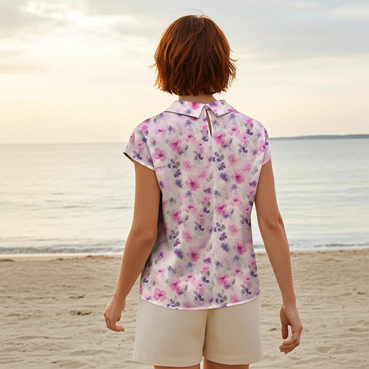 Women Casual Blouse Cap Sleeve Fold-Over Neck 100% Lyocell Aloha Misty Floral Haven Button-Back