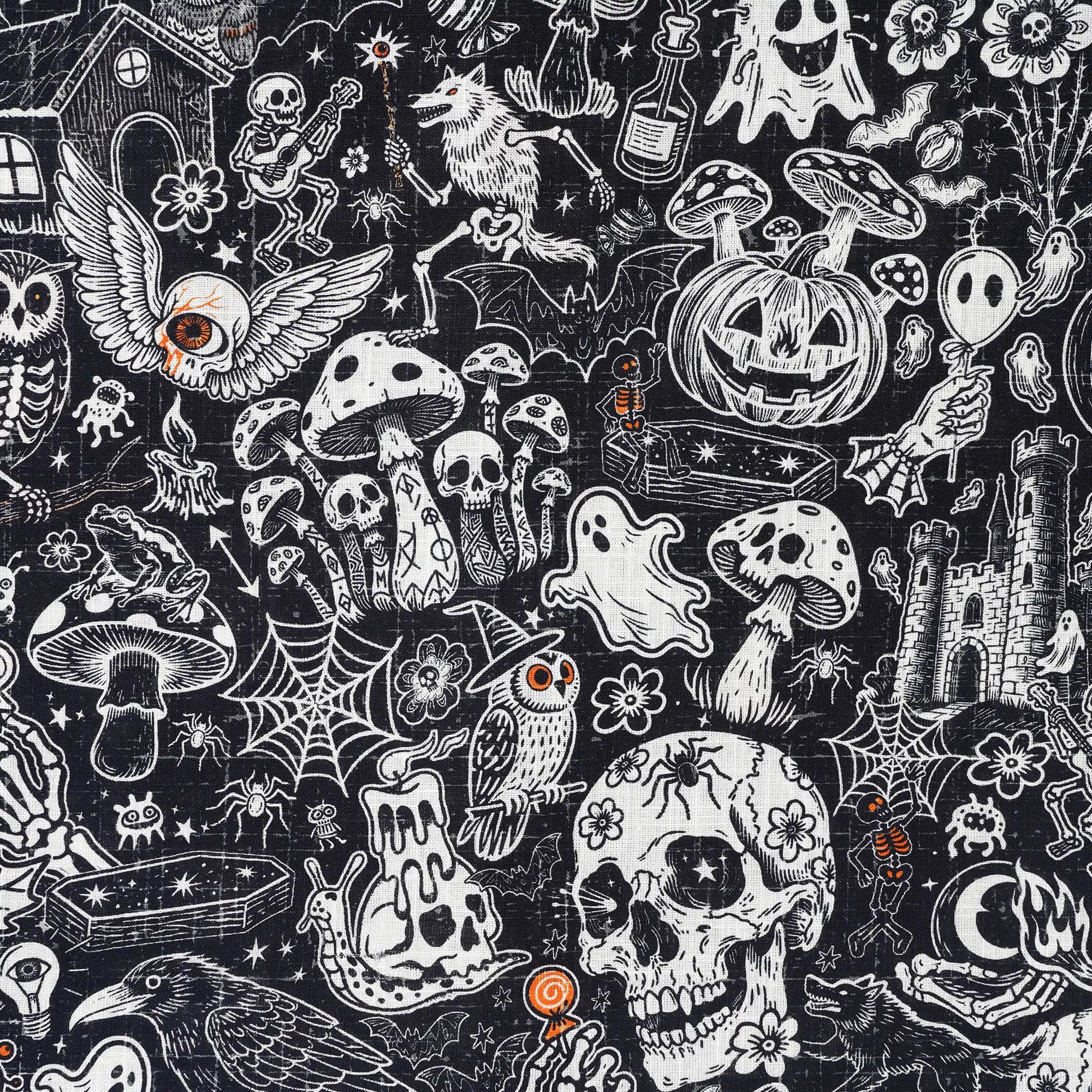 Men's Hawaiian Shirt Long Sleeve Button-down 100% Cotton Black Aloha Halloween Bash