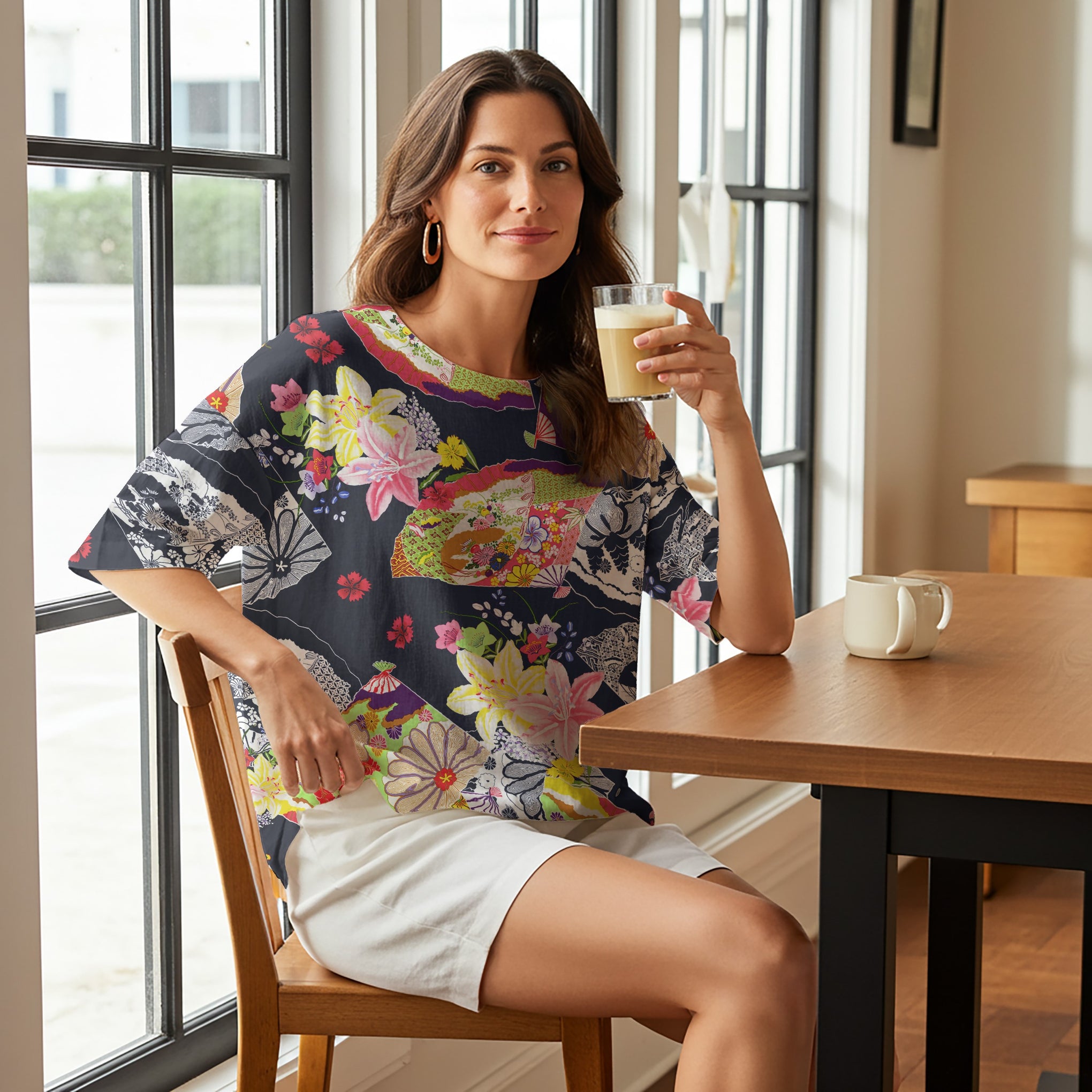 Women Casual Blouse 3/4 Sleeve Round Neck 95% Lyocell, 5% Linen Blue Aloha Graceful Japanese Floral Fan