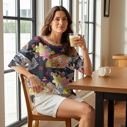 Women Casual Blouse 3/4 Sleeve Round Neck 95% Lyocell, 5% Linen Blue Aloha Graceful Japanese Floral Fan