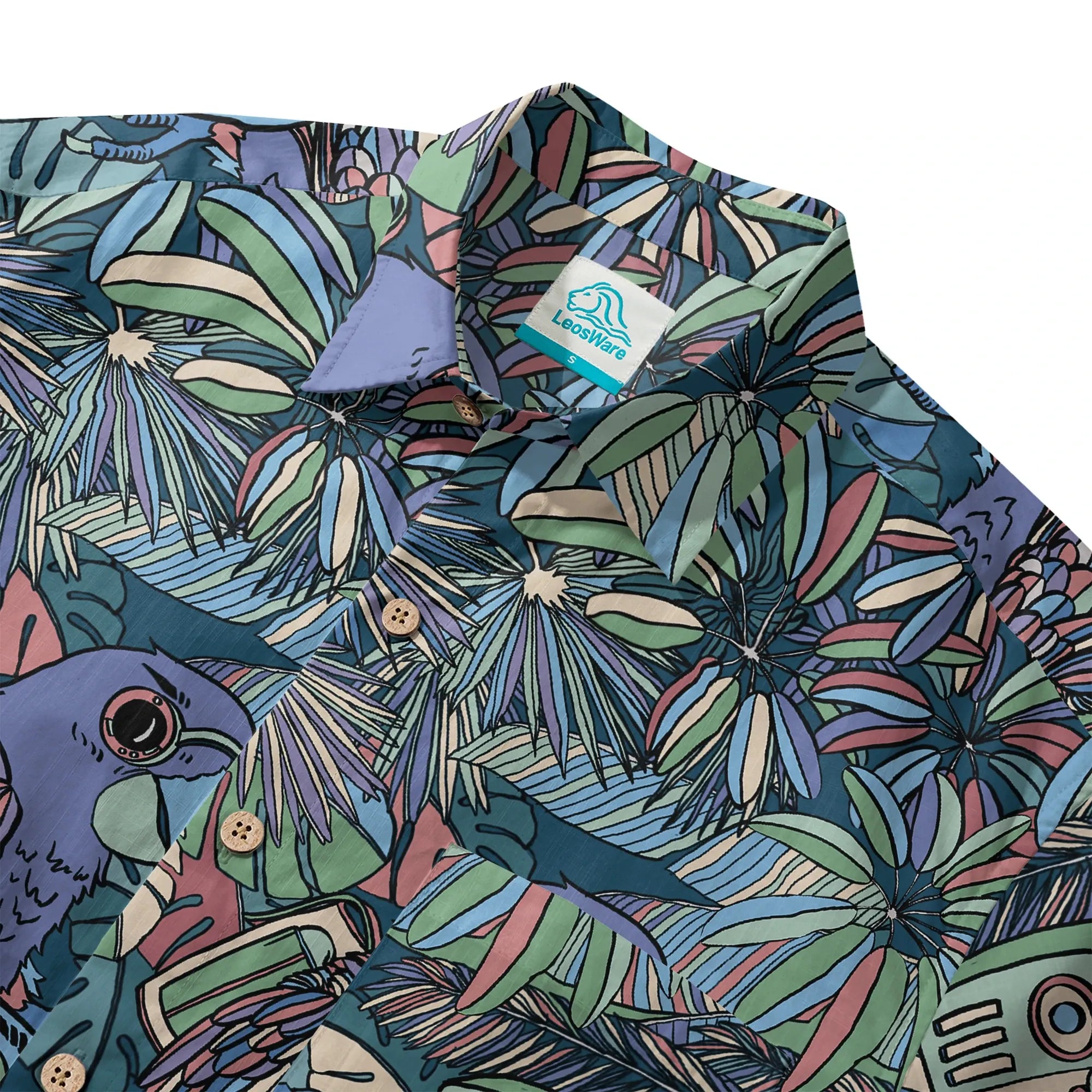Blue cotton shirt with parrot print, button-up style