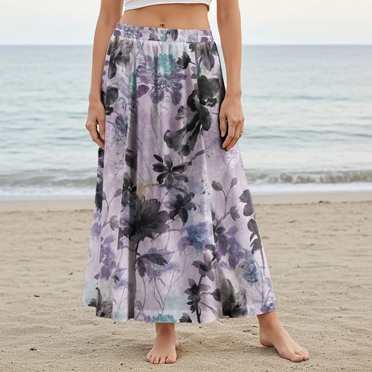 Women Casual Maxi Skirt Long Elastic Waist with Pockets 100% Cotton Purple Aloha Ink Purple Floral Haven