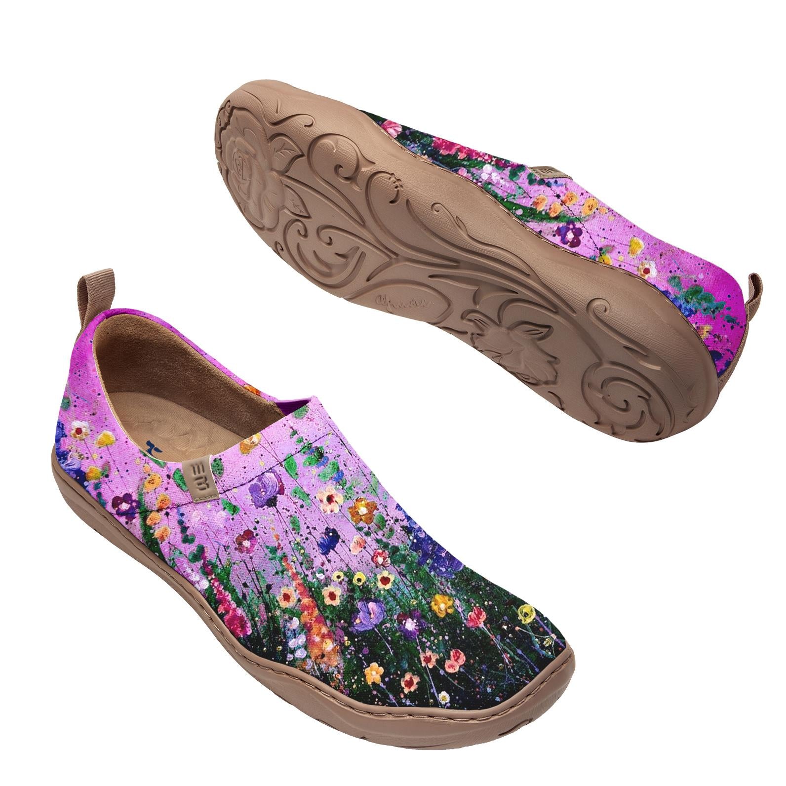 Yiume Frauenkunst Slip-on lässige Leinwandschuhe rosa Hibiscus Blüte gemalt, 100% Baumwollviolette Sternenhimmelblüte