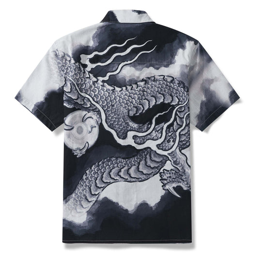 Men's Aloha shirt with dragon design, gray, camp collar