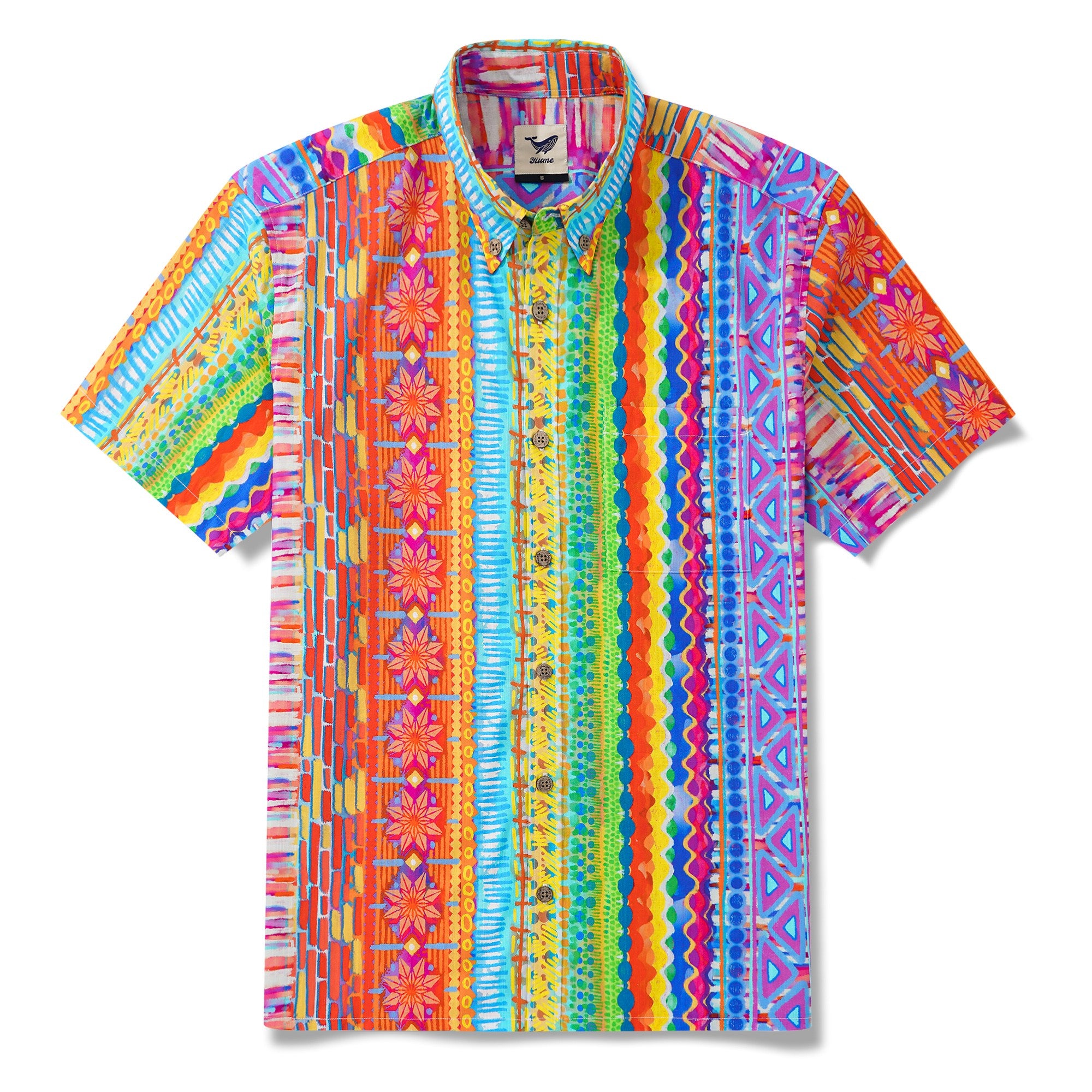 Herren Hawaiian Shirt Kurzarm Button-Down 100% Baumwolle Rot Aloha Geometrisch Maße