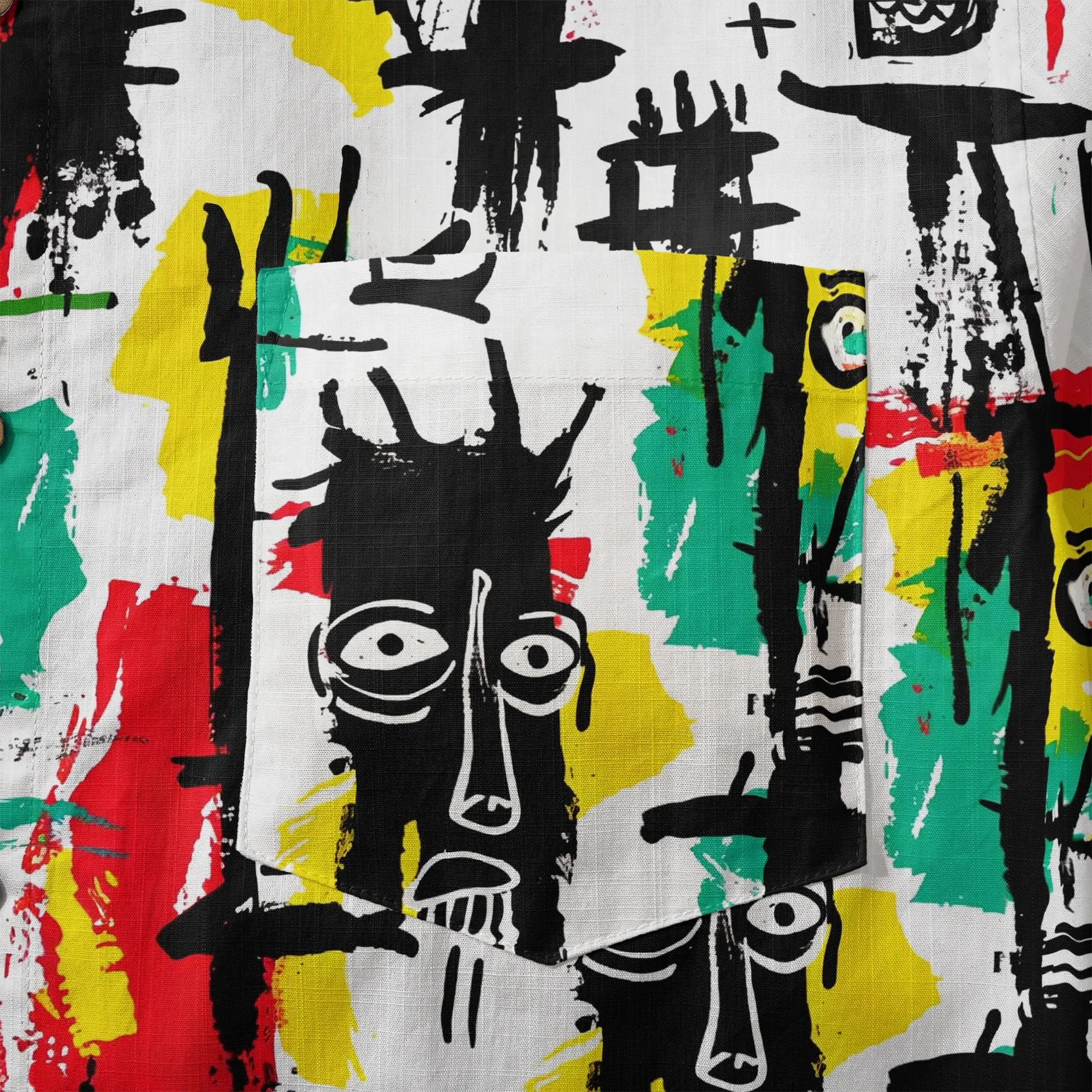 Close-up of face doodles on men's Hawaiian shirt