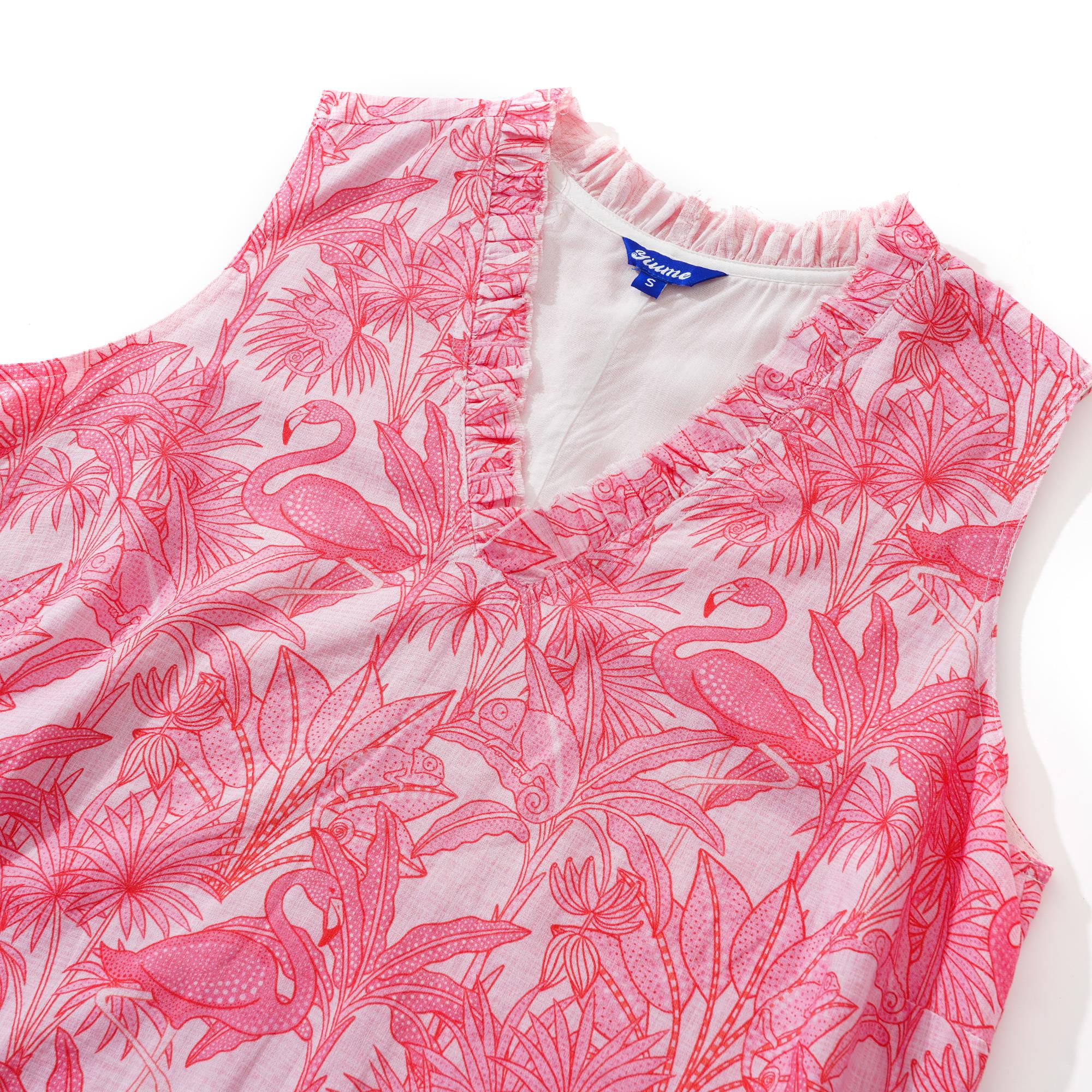 Women's Hawaiian Dress Sleeveless V-neck 55% Linen 45% Rayon Aloha Flamingos & Chameleons By House of Haricot