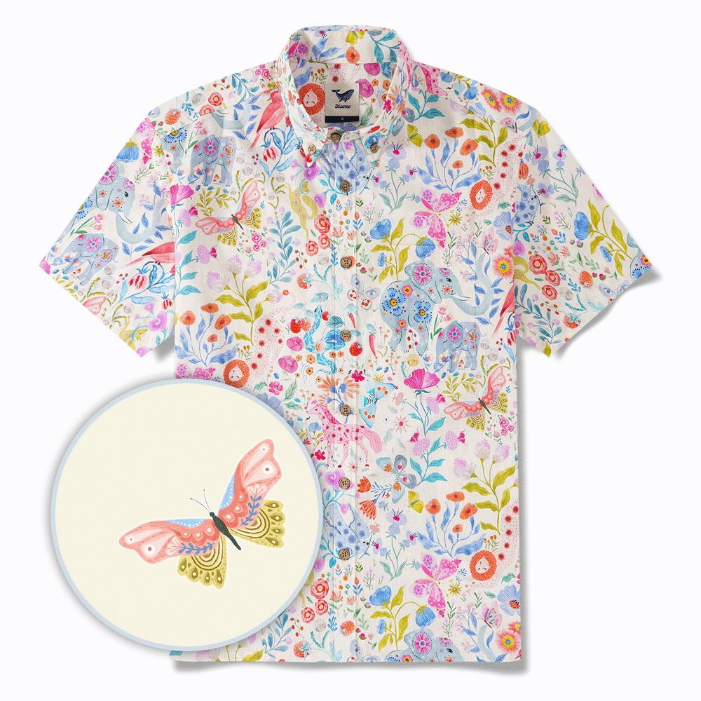 Herren Hawaiian Hemd Kurzärmel Button Down 100% Baumwolle Aloha Enchanted Wildlife