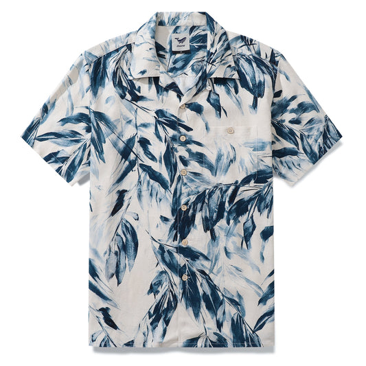 Chemise hawaïenne en soie pour homme avec impression de feuilles de bambou - Col camp, manches courtes, chemise Aloha - Soie