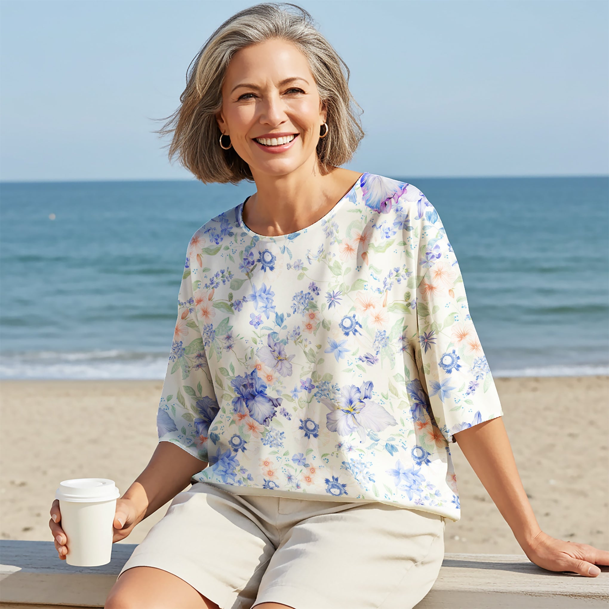 Women Casual Blouse Elbow Sleeve Round Neck Button-Back 100% Lyocell Blue Aloha Soft Blue Nocturne