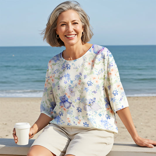 Women Casual Blouse Elbow Sleeve Round Neck Button-Back 100% Lyocell Blue Aloha Soft Blue Nocturne