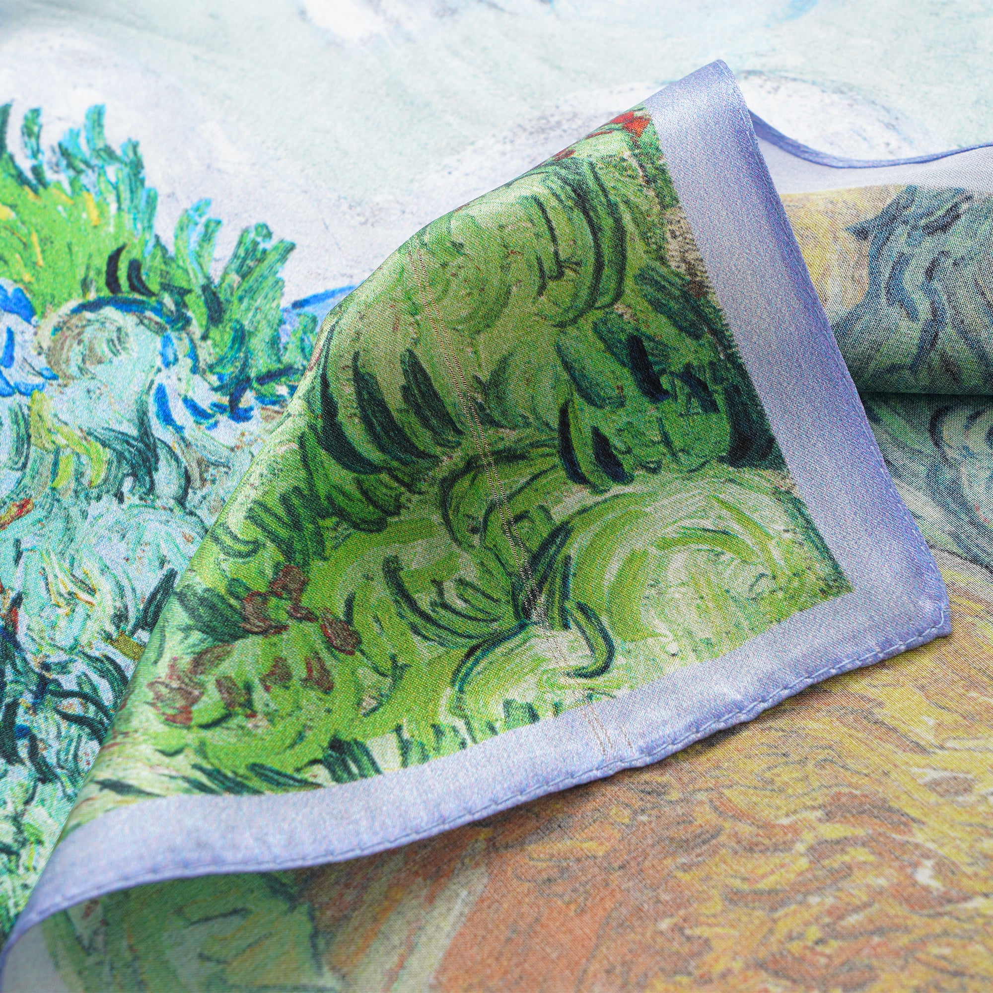 Écharpe carrée florale 100% Mulberry Silk Wheat Fields in Azure Harmony Wheat Fields in Azure Harmony 100% Silk 53 * 53CM