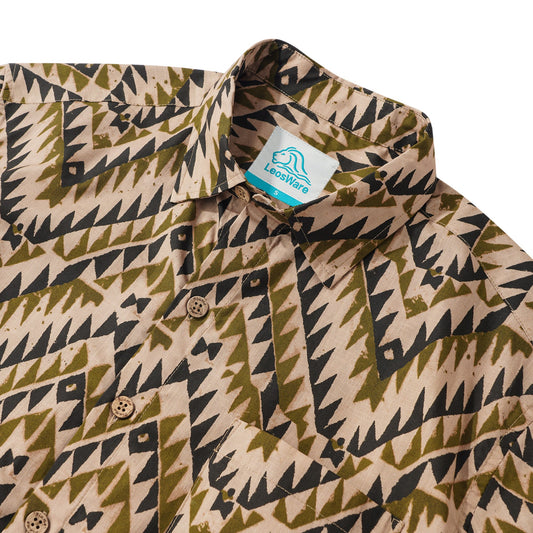 LeosWare® Men's Hawaiian Shirt Short Sleeve Button-up 100% Cotton Brown Aloha Exotic Tribe Geometric Pattern Painting