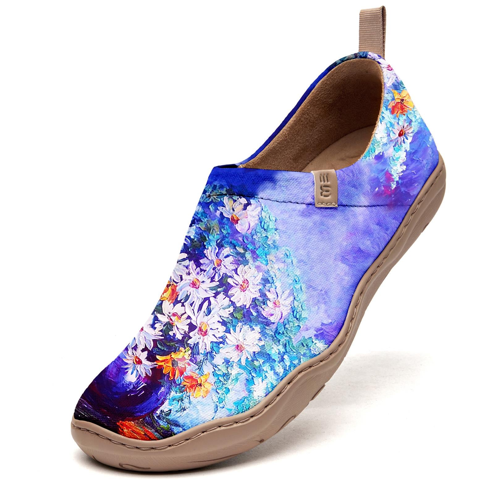 Yiume Femmes pour femmes Slip-On Casual Canvas Chaussures Bleu et Purple Huile Painting Flowers Peint, 100% Coton