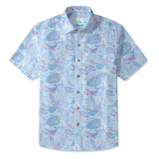 LeosWare Men's Hawaiian Shirt with sea turtle design, blue cotton