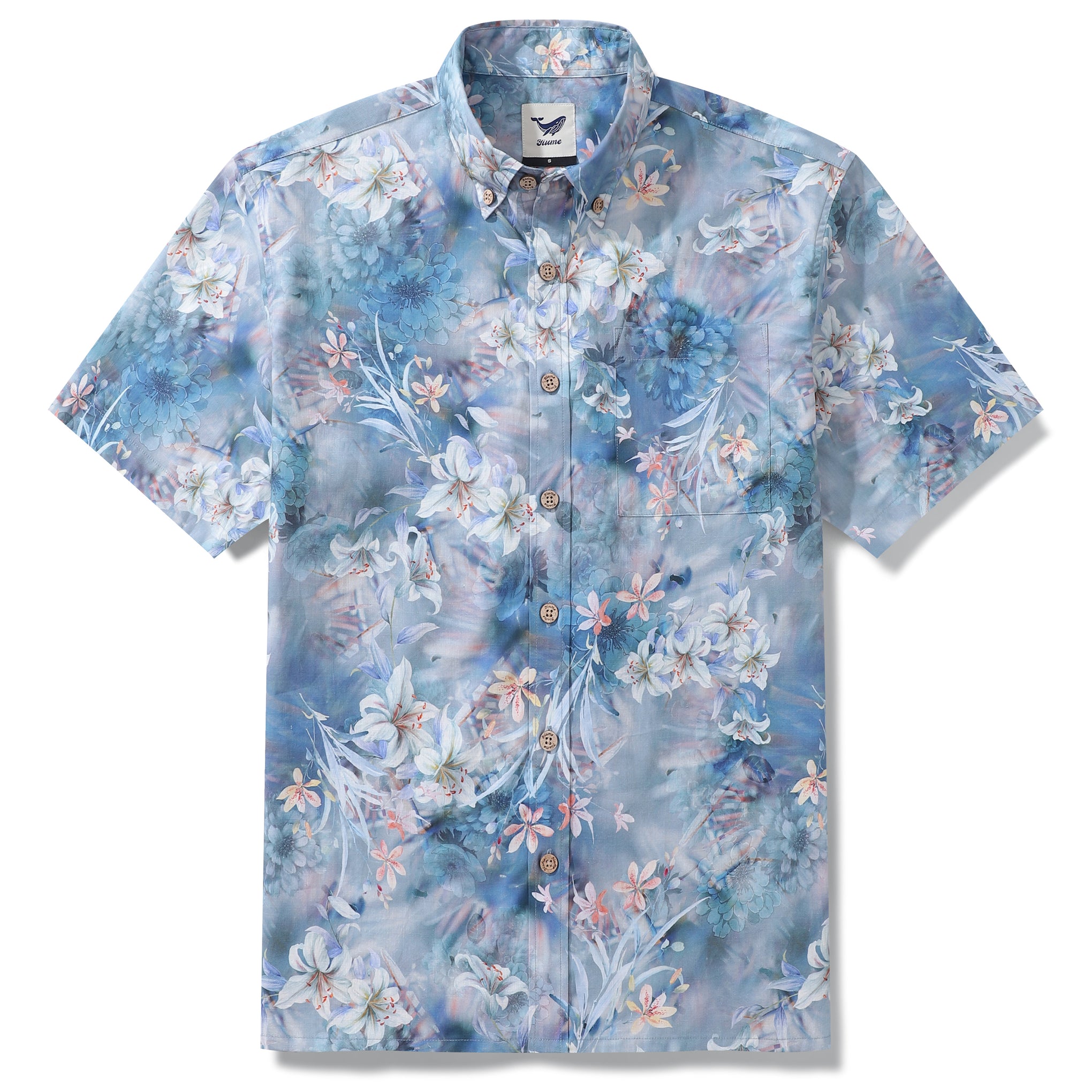 1950er Jahre Hawaiian Hemd für Männer Blumen-Button-Down-Hemd Kurzarm 100% Baumwollhemd Blumenflüschter im Nebel