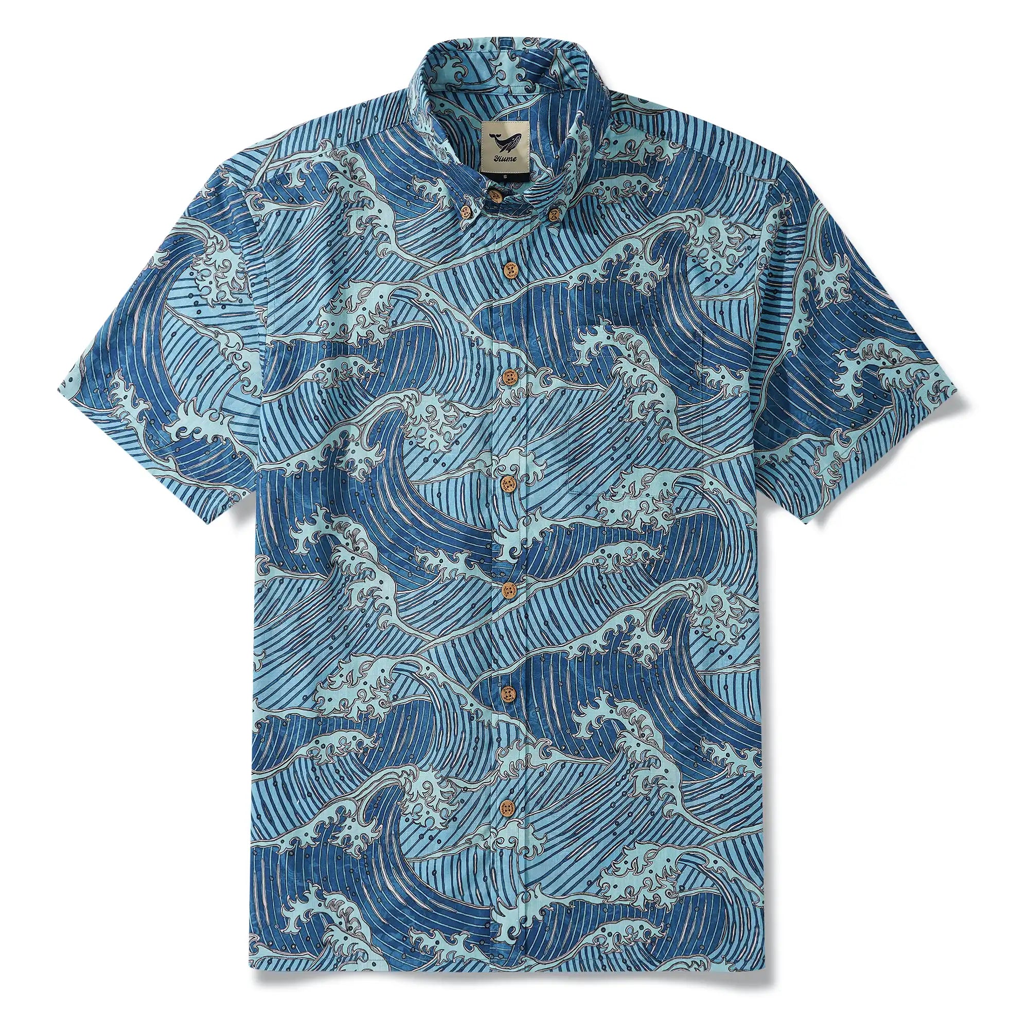 Men's Hawaiian Shirt Short Sleeve Button-down 100% Cotton Blue Aloha Surging Waves Of Ukiyo-e