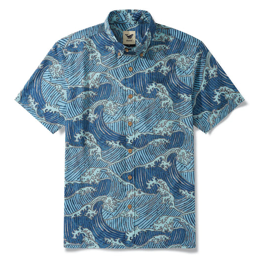 Men's Hawaiian Shirt Short Sleeve Button-down 100% Cotton Blue Aloha Surging Waves Of Ukiyo-e