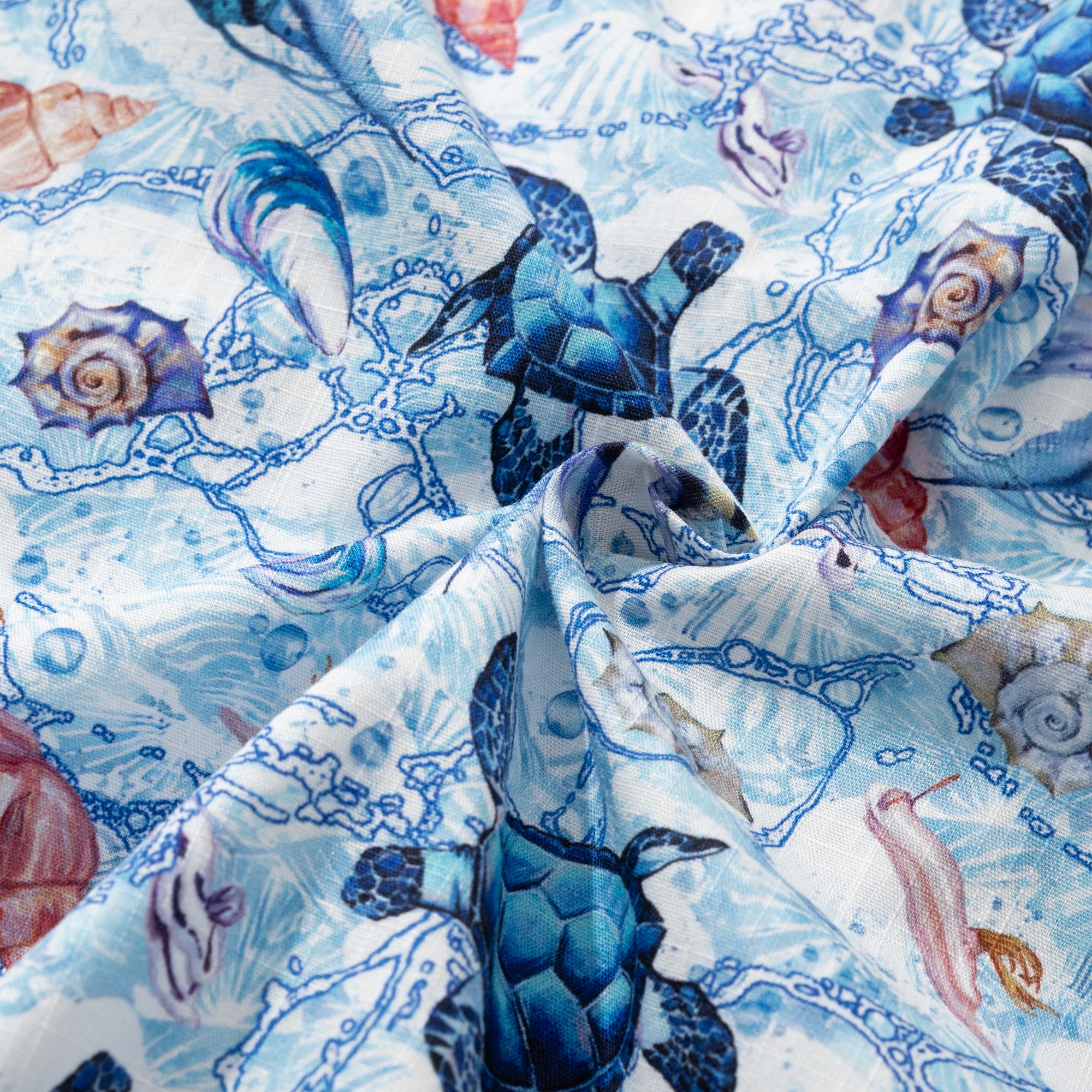 Women's Hawaiian Shirt Short Sleeve Button-up 100% Cotton Blue Aloha Wandering Turtle