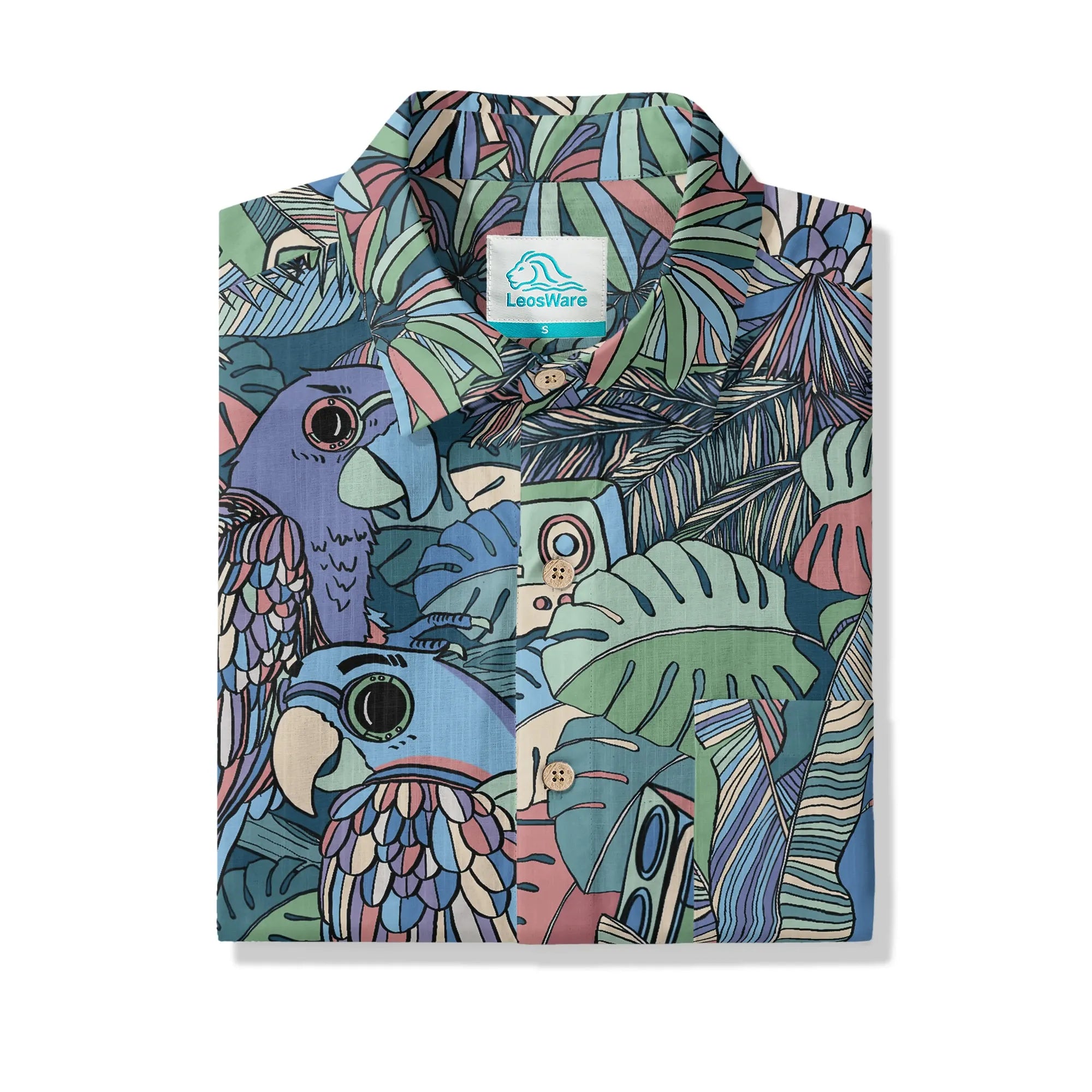 Cotton shirt with parrot and plant design, men's fashion