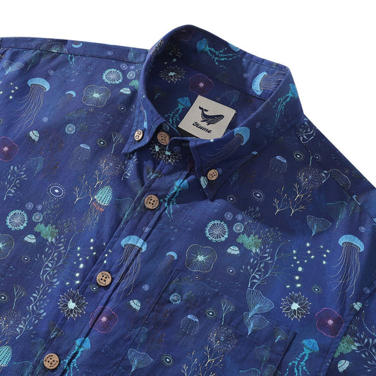 Men's Deep Blue Hawaiian Shirt 100% Cotton Button-down Short Sleeve Jellyfish Aloha Shirt