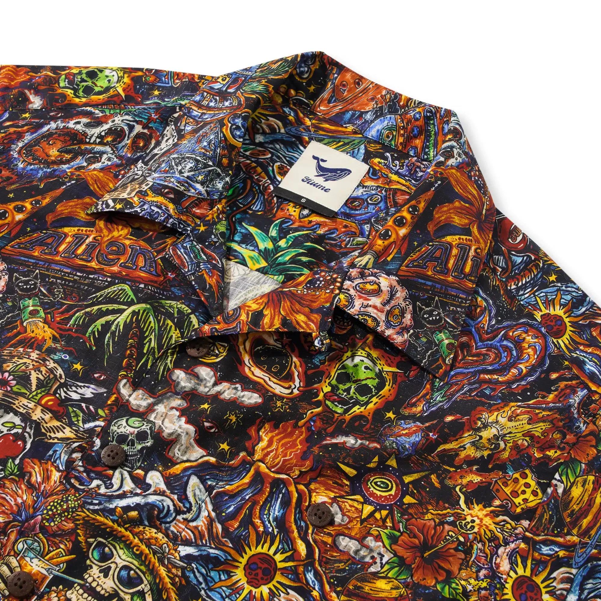 Red Hawaiian shirt with graffiti design, short sleeve, cotton