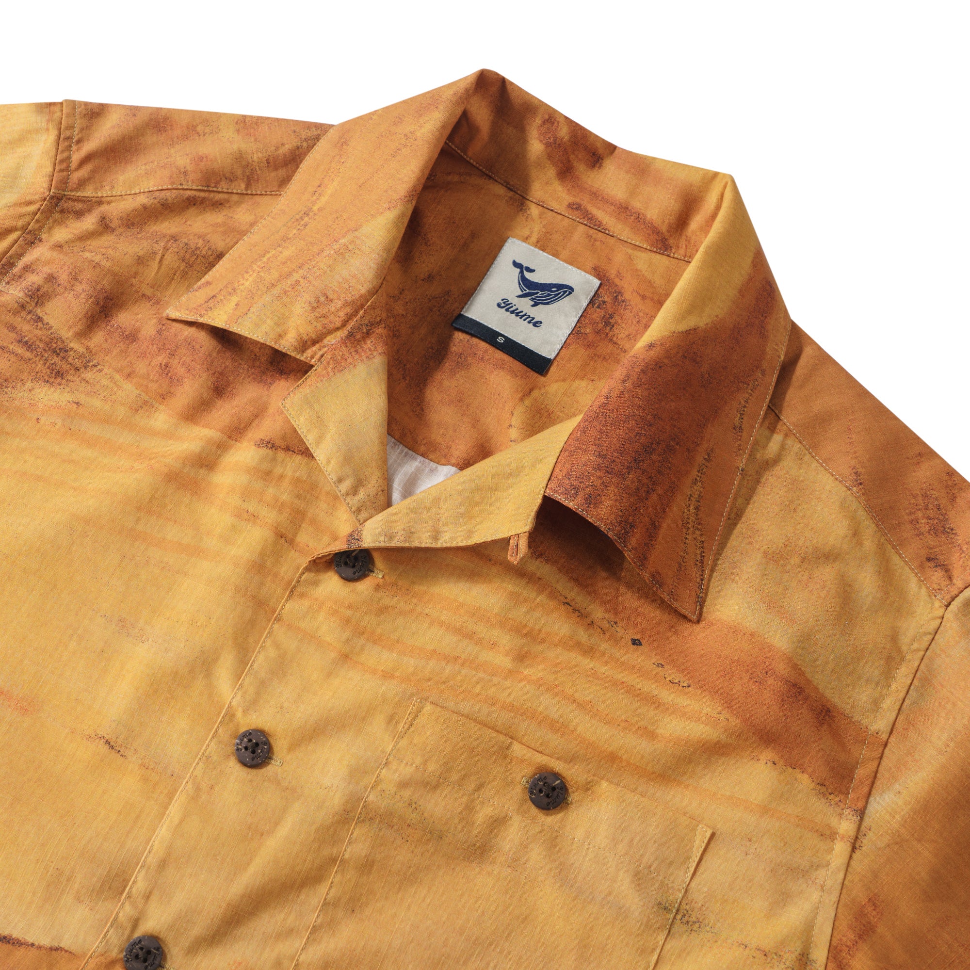 Herren -Hawaiian -Hemd Kurzarm Camp Halsharmino 100% Baumwolle gelbe Aloha Hitzewellen von Andrea Leonelli