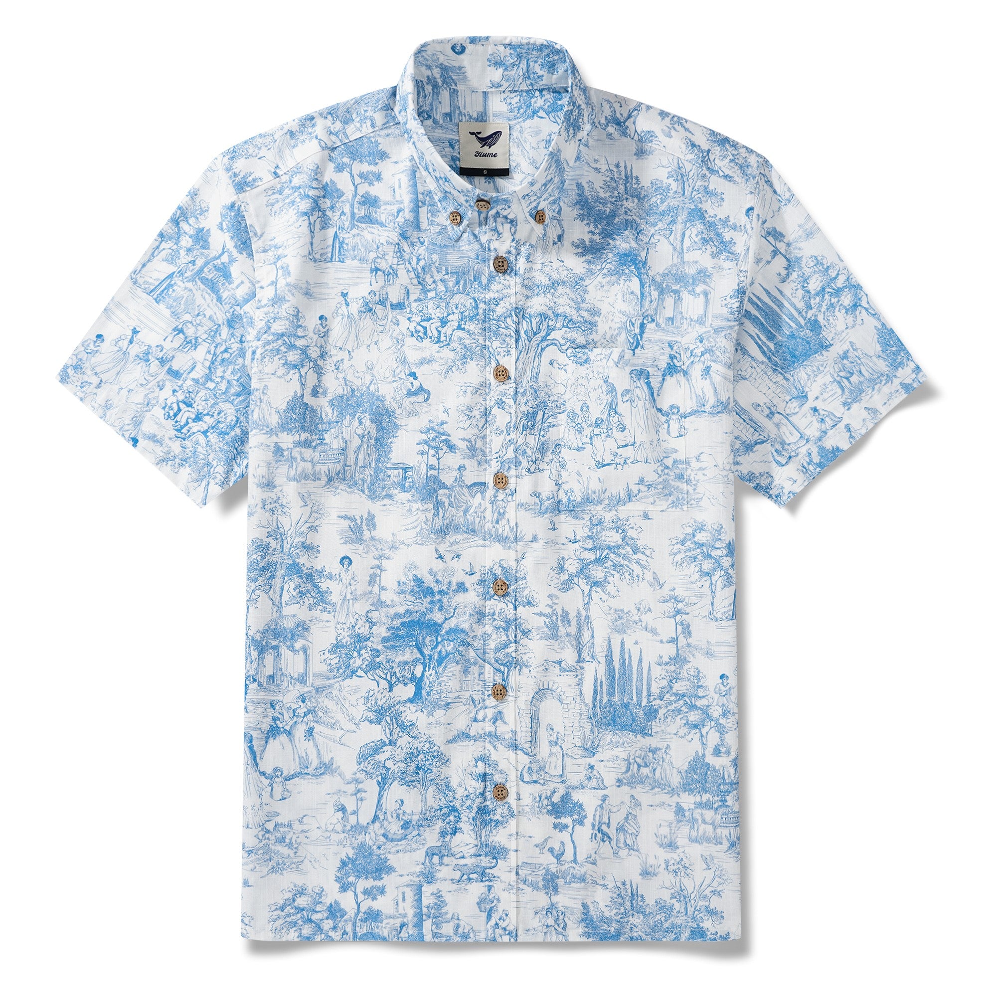 Herren Hochzeitsgasthemd-Blau Blumen 100% Baumwoll Button-Down Hawaiian Shirt