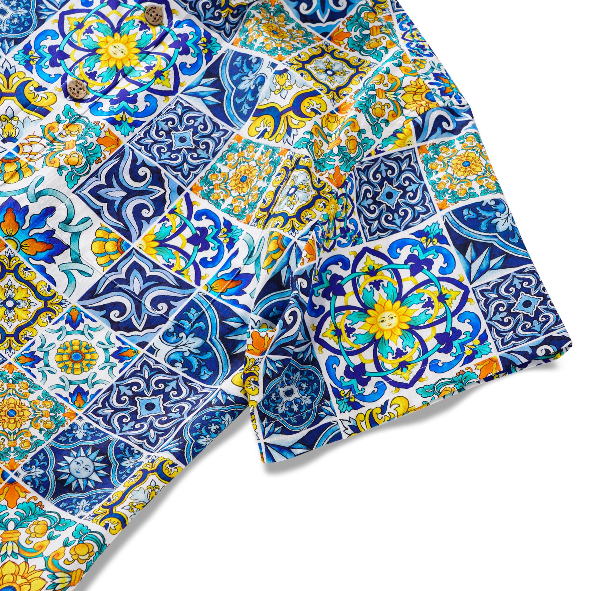 Herren-Hawaiian-Hemd Kurzärmel Button Down 100% Baumwoll weiße Aloha Sizilian Fliesen Eleganzsammlung