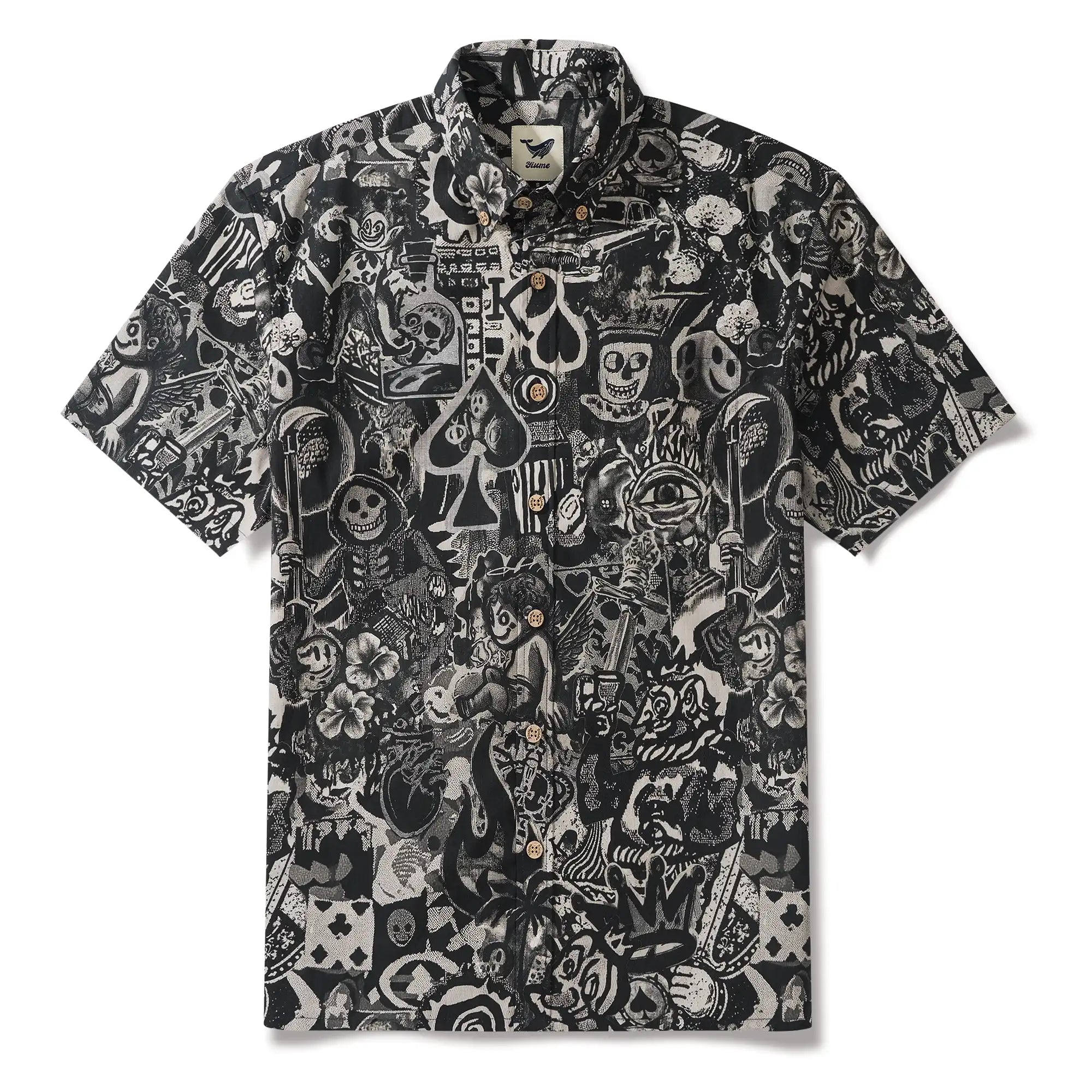 Camisa hawaiana de hombre de manga corta con botones 100% algodón negra Aloha poker oscuro graffiti