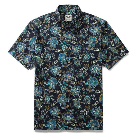 Black Hawaiian Shirt with Fantasy Flowers print, men's cotton button-down