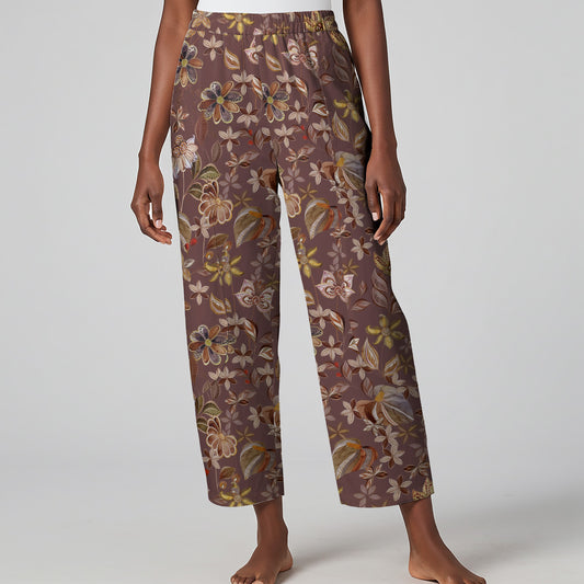 Women Casual Ankle Pants Lounge Elastic Waist with Pockets 93% Lyocell, 7% Linen Brown Aloha Dreamweaving In Shades Of Brown Blooms