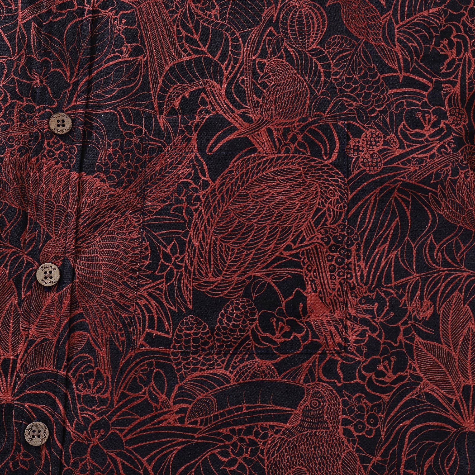 Men's Breathable Shirt Red Hawaiian Shirt Birds Print 100% Cotton Short Sleeve Button-down Shirt
