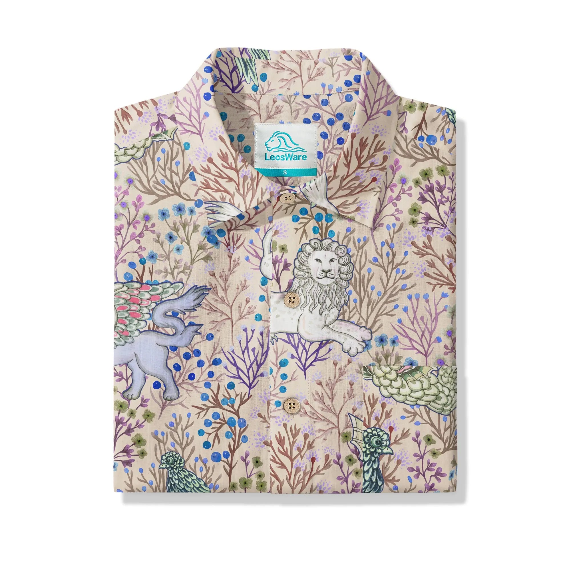 Side view of men's Hawaiian shirt with mythical creatures