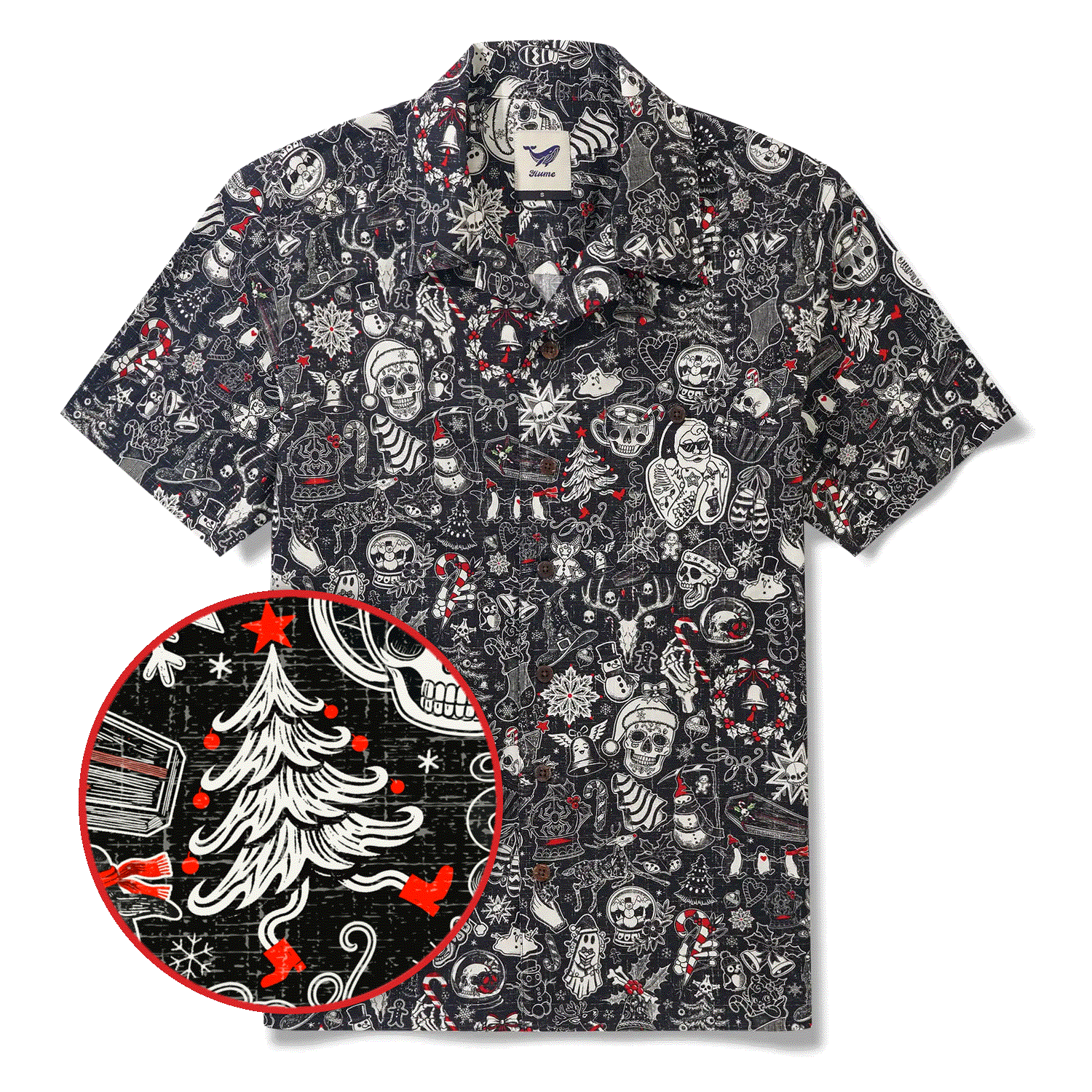 Men's Hawaiian Shirt Short Sleeve Camp Collar 100% Cotton Black Aloha Christmas Party