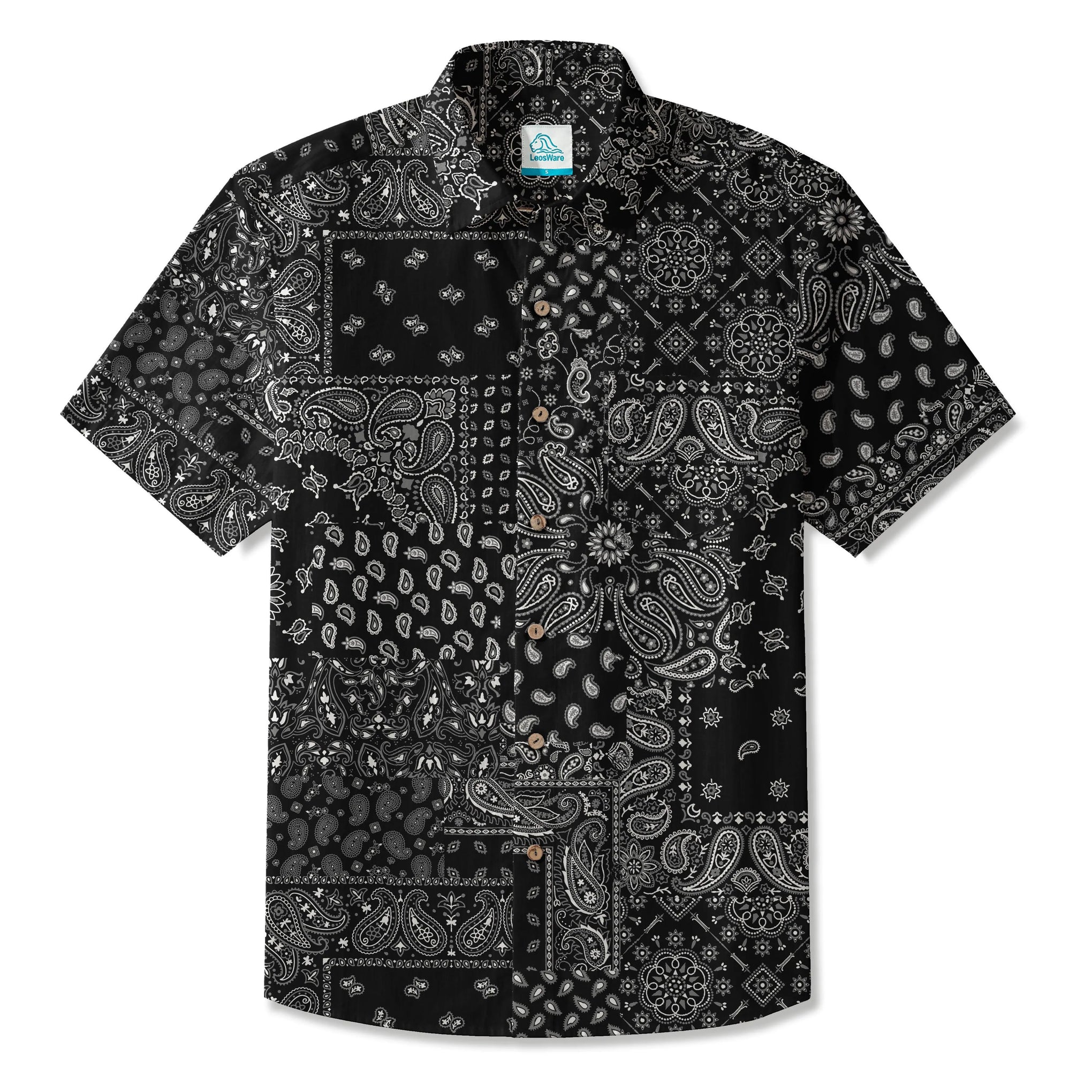 LeosWare® Men's Hawaiian Shirt Short Sleeve Button-up 100% Cotton Black Aloha Monochrome Paisley Collage