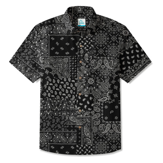 LeosWare® Men's Hawaiian Shirt Short Sleeve Button-up 100% Cotton Black Aloha Monochrome Paisley Collage