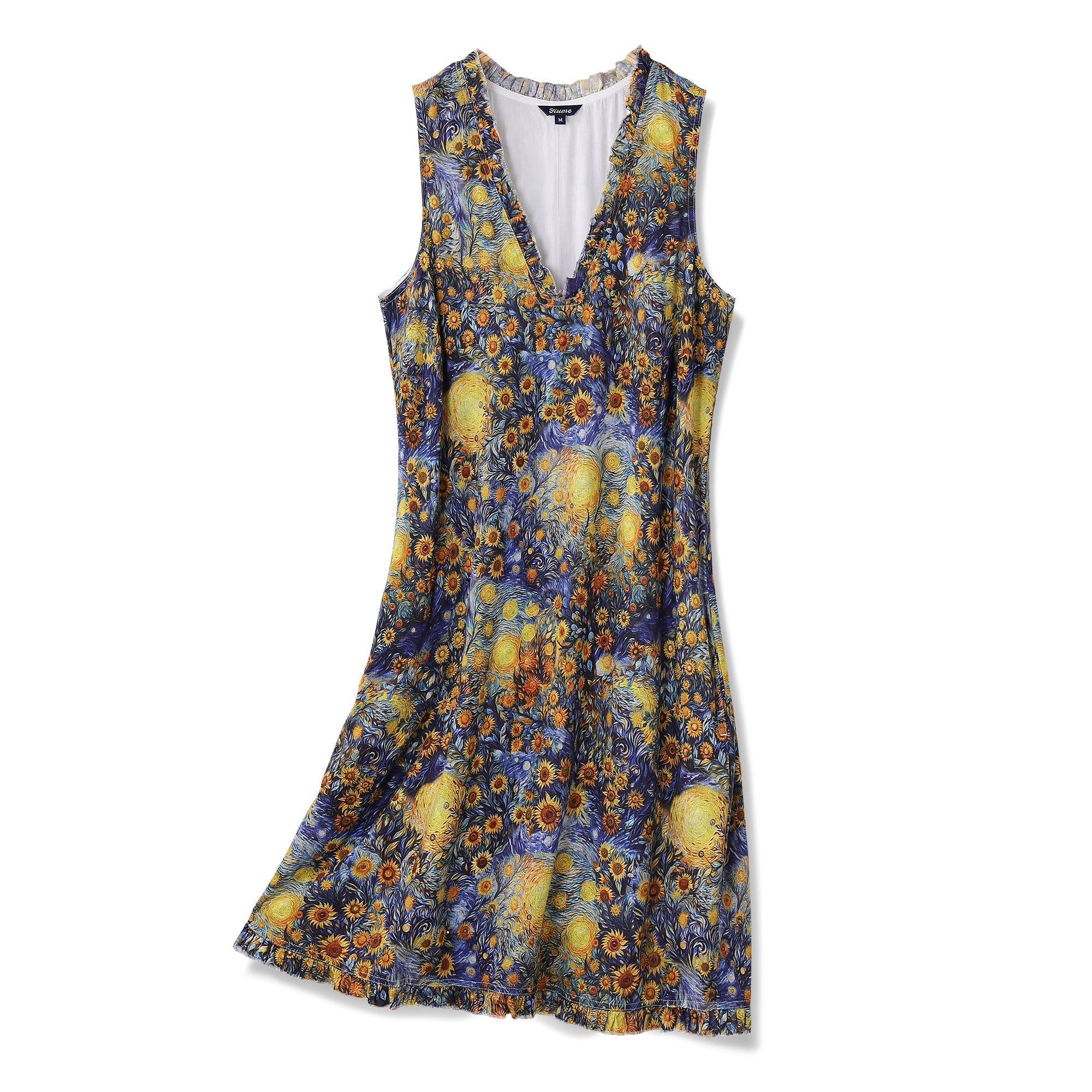 Hawaiian Dress For Women Beach Vacation Dress Van Gogh Sunflower V-Neck Dress Van Gogh Sunflower Dress