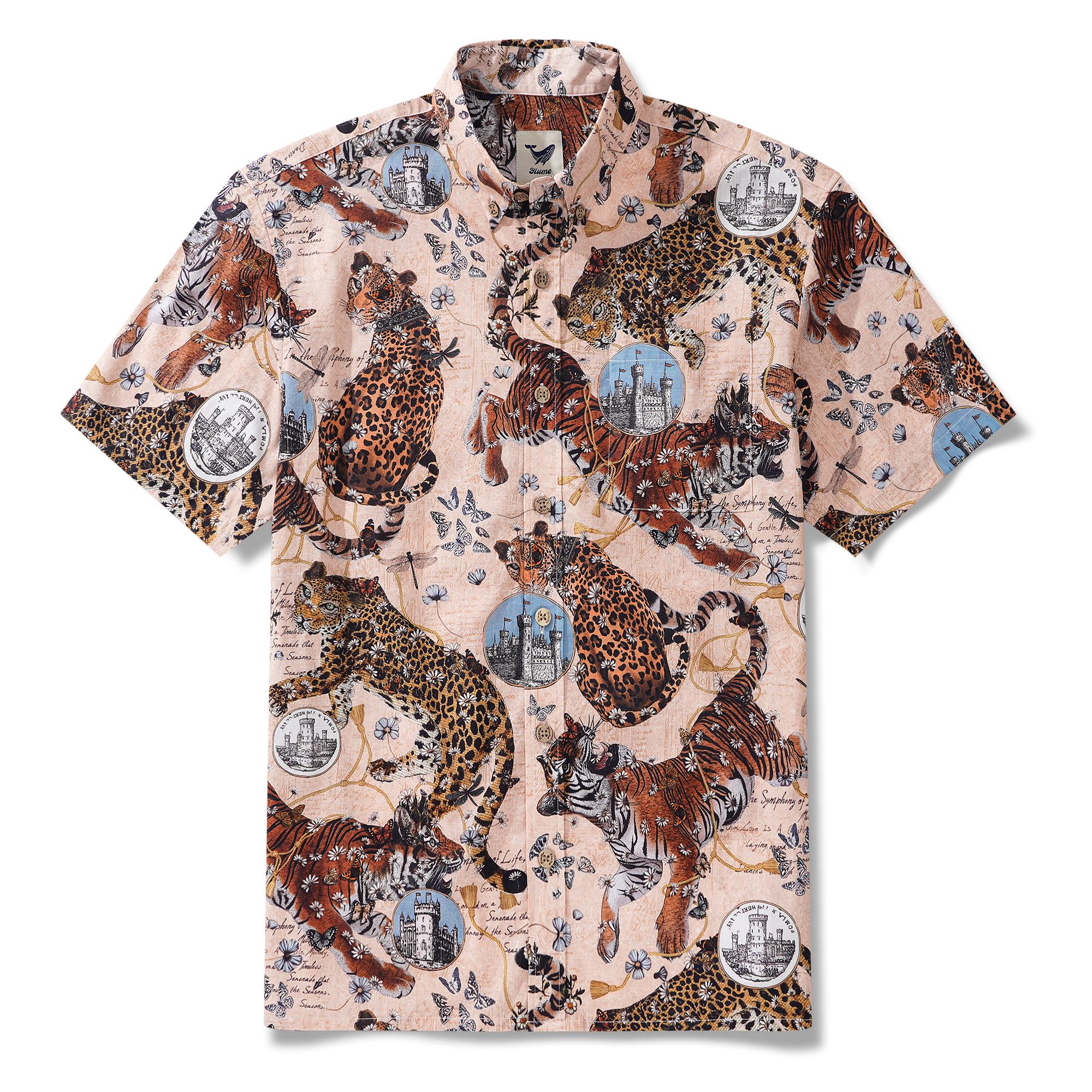 Men's Hawaiian Shirt Short Sleeve Button-down 100% Cotton Beige Aloha Wild Romance