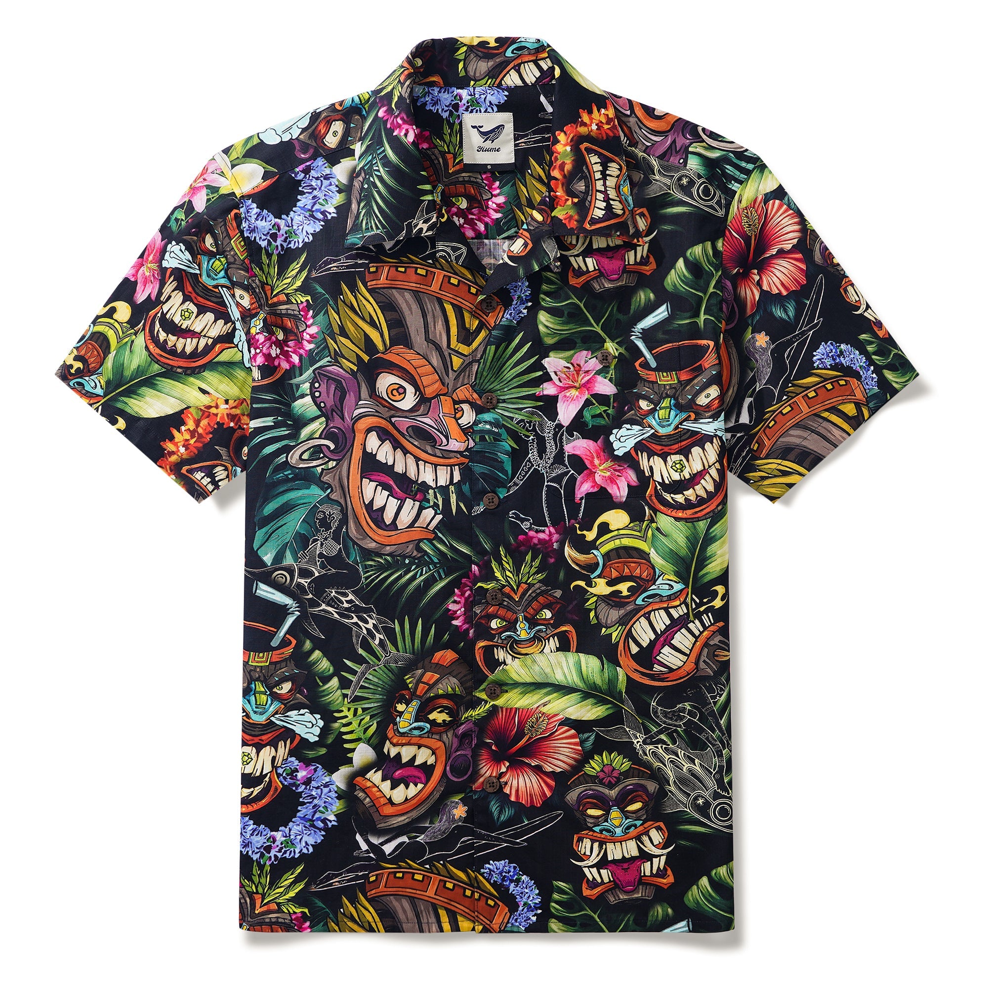 Tiki Hawaiian Shirt 100% Cotton Men's Short Sleeve Camp Collar Aloha Shirt Tiki And Hula Girl